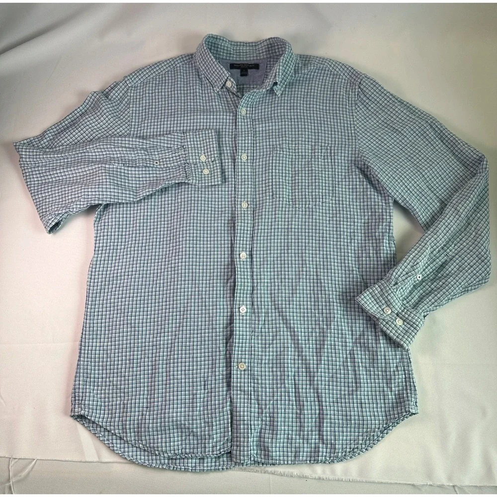Banana Republic Slim Fit Linen Blend Men Sz L‎ Blue L/s Button Down Plaid Check